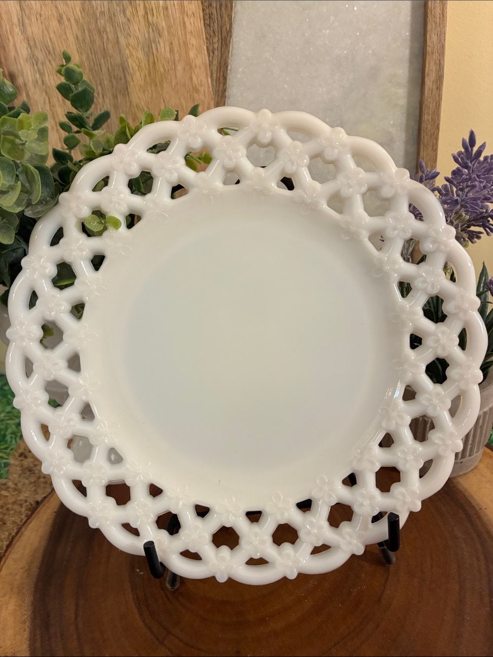 Westmoreland Milkglass “Forget Me Not” Plate with Beautiful Filagree Edging